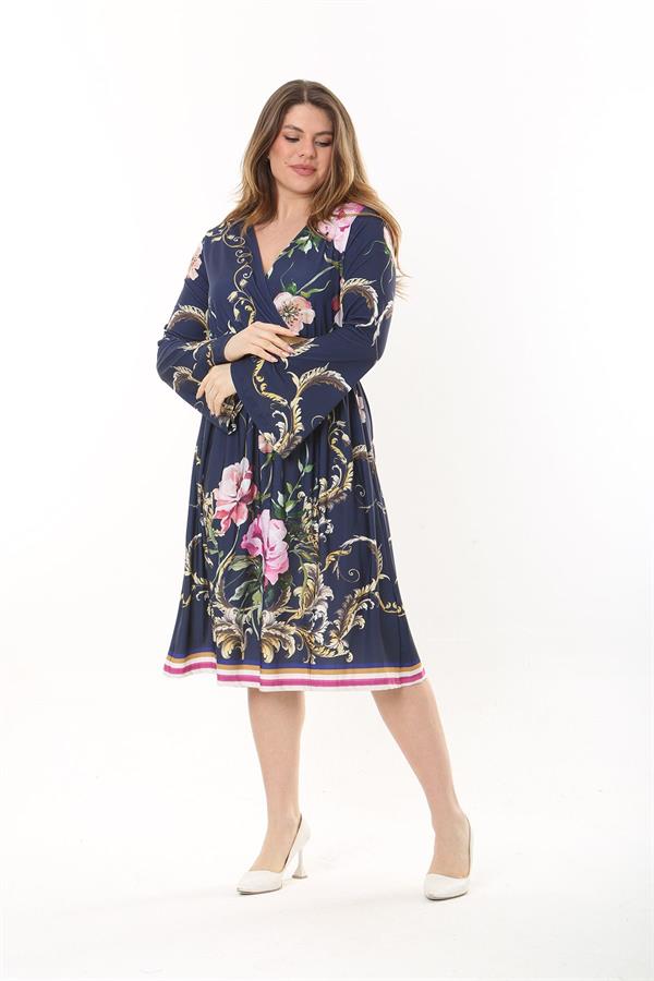 Kadın Büyük Beden Lacivert Anvelop Yakalı Bel Büzgülü Uzun Elbise 65N37550