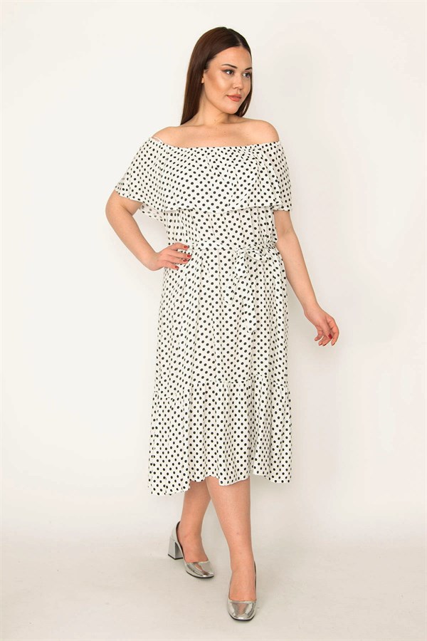 KADIN KEMİK PUAN DESEN YAKASI LASTİK VE VOLAN DETAYLI ETEĞİ KATLI DOKUMA VİSKON KUMAŞ ELBİSE