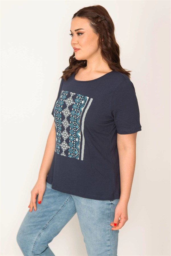 KADIN LACİVERT LAME BASKILI BİSİKLET YAKALI KISA KOLLU BLUZ