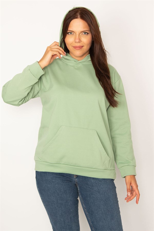 Kadın Yeşil Kapşonlu Kanguru Cepli İçi Şardonlu Sweatshirt 65N34582