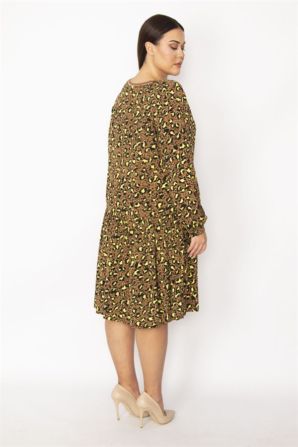 Kadın Desenli Yaka Ribanalı Eteği Katlı Elbise 65N29518