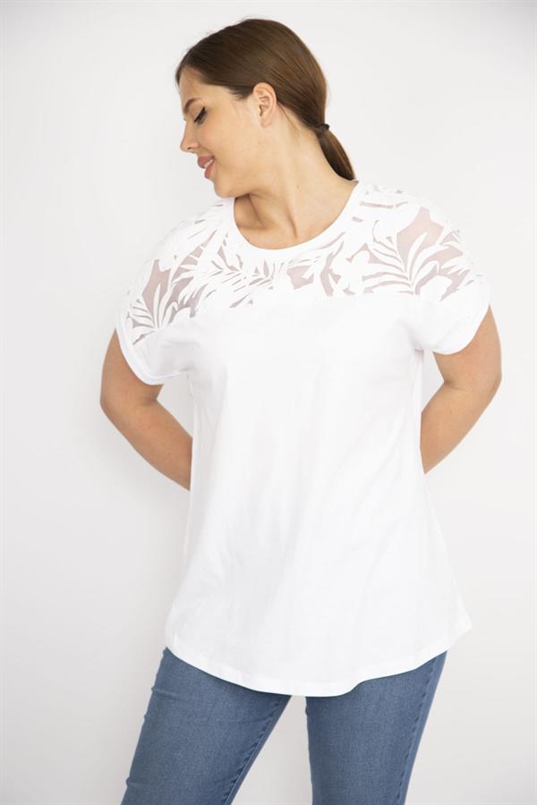 Kadın Beyaz Büyük Beden Pamuk Kumaş Robası Tül Aplike Uzun Bluz