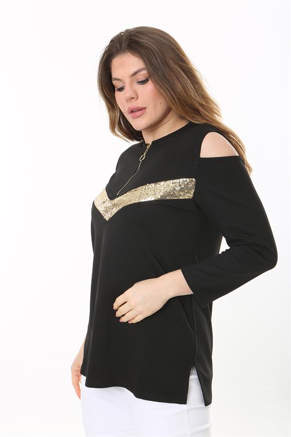 Kadın Büyük Beden Siyah Omuz Dekolteli Robası Fermuarlı Payet Detaylı Bluz 65N37509