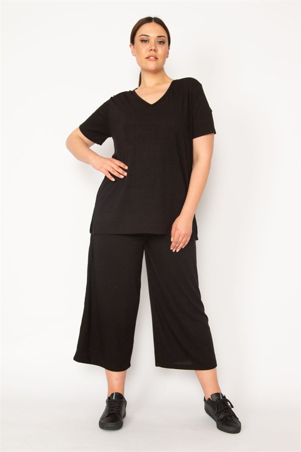 Kadın Fujya Kaşkorse Örme Beli Lastikli Geniş Paçalı Pantolon V Yakalı Bluz Takım 65N32939