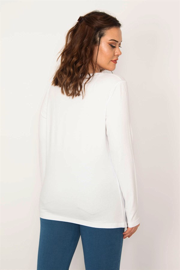 Kadın Beyaz Pamuklu Kumaş Bisiklet Yaka Uzun Kollu Bluz 65N33424
