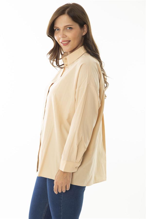 Kadın Büyük Beden Bej Ön Düğmeli Uzun Kollu Gömlek 65N37041