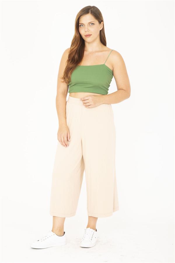 Kadın Büyük Beden Bej Geniş Paçalı Beli Lastikli Yan Cepli Viskon Pantolon 65N36807