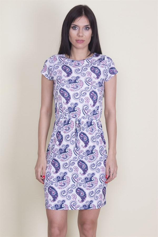 KADIN RENKLİ BEL LASTİKLİ ŞAL DESEN ELBİSE