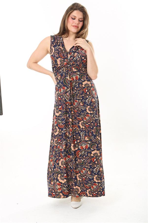 Kadın Büyük Beden Renkli Göğüs Büzgü Detaylı V Yaka Kuşaklı Elbise 65N37905