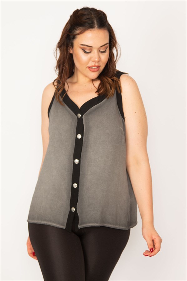 Kadın Füme Kirli Yıkama Çıtçıt Metal Düğmeli Biye Detaylı Bluz 65N33347