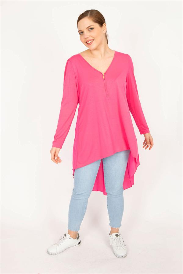 Kadın Pembe Büyük Beden Ön Pat Fermuar Ve Arka Detaylı Tunik