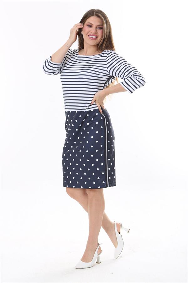 Kadın Büyük Beden Lacivert Marin Desen Likralı Saten Elbise 65N37785