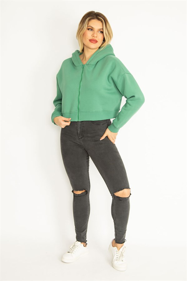 Kadın Yeşil 3 İplik Polar Ön Fermuarlı Kapşonlu Sweatshirt 65N35050
