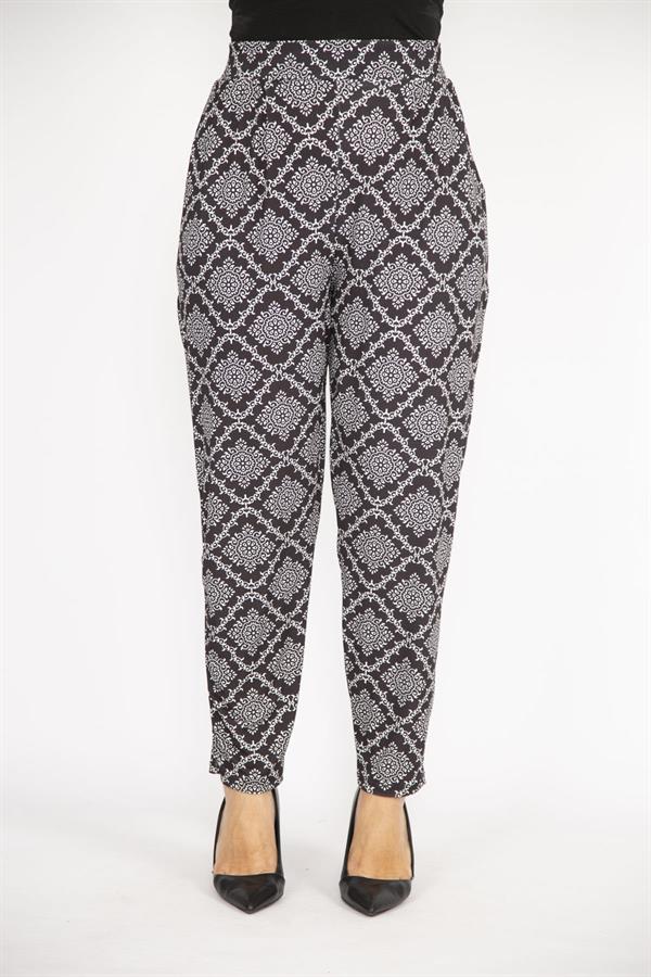 Kadın Büyük Beden Siyah Beli Lastikli Yan Cepli Desenli Pantolon 65N37242