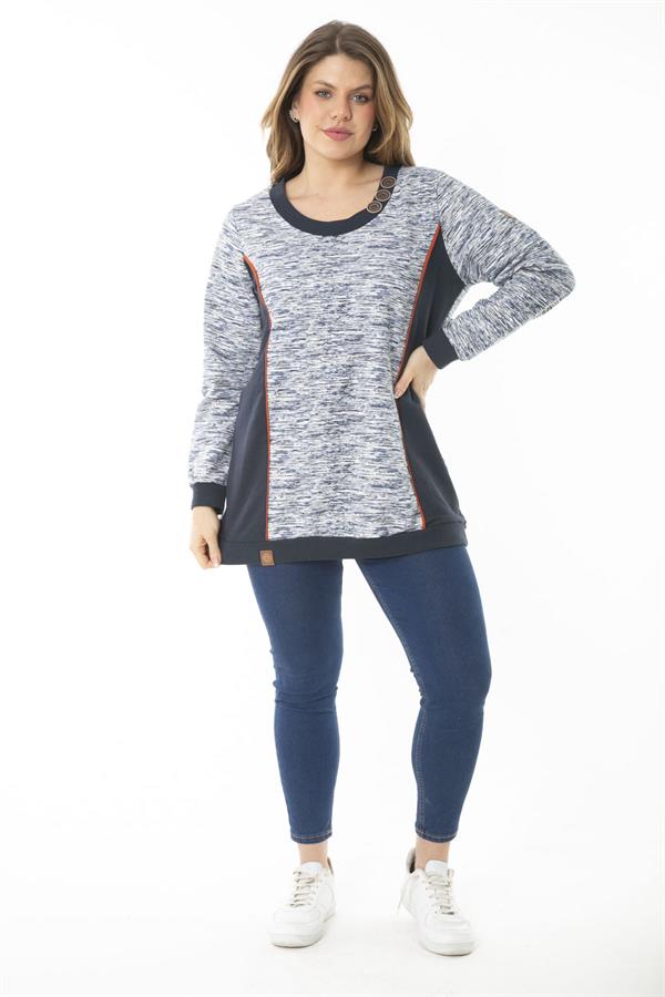 Kadın Büyük Beden Lacivert Süs Düğme Ve Kup Detaylı Sweatshirt 65N37121