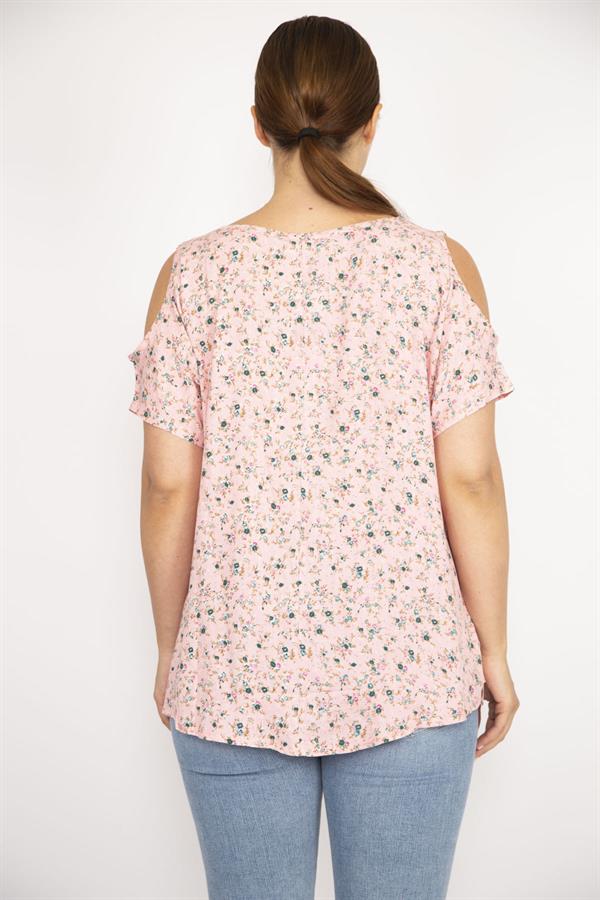 Kadın Pembe Büyük Beden Dokuma Viskon Kumaş Omuz Dekolteli Çiçek Desenli Bluz