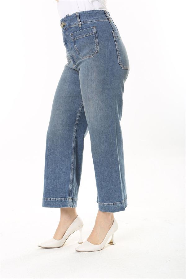 Kadın Büyük Beden Mavi Yüksek Bel 4 Cepli Likralı Kot Pantolon 65N37923