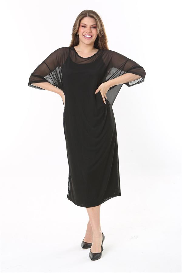 Kadın Büyük Beden Siyah İçi Askılı İki Parça Tül Elbise 65N37774