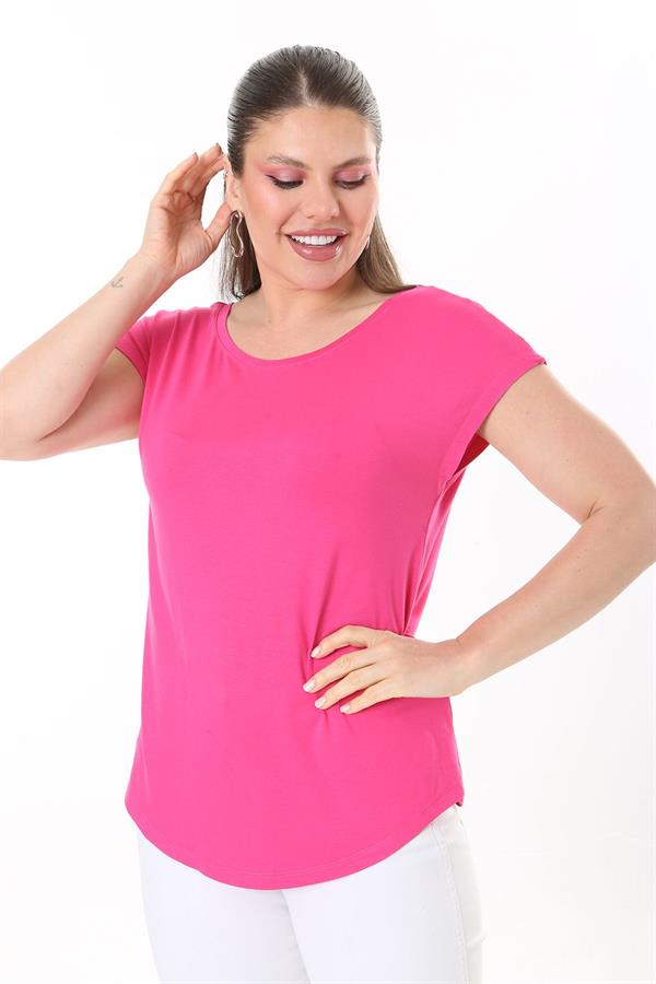 Kadın Büyük Beden Neon Pembe Bisiklet Yakalı Düşük Kollu Bluz 65N37706