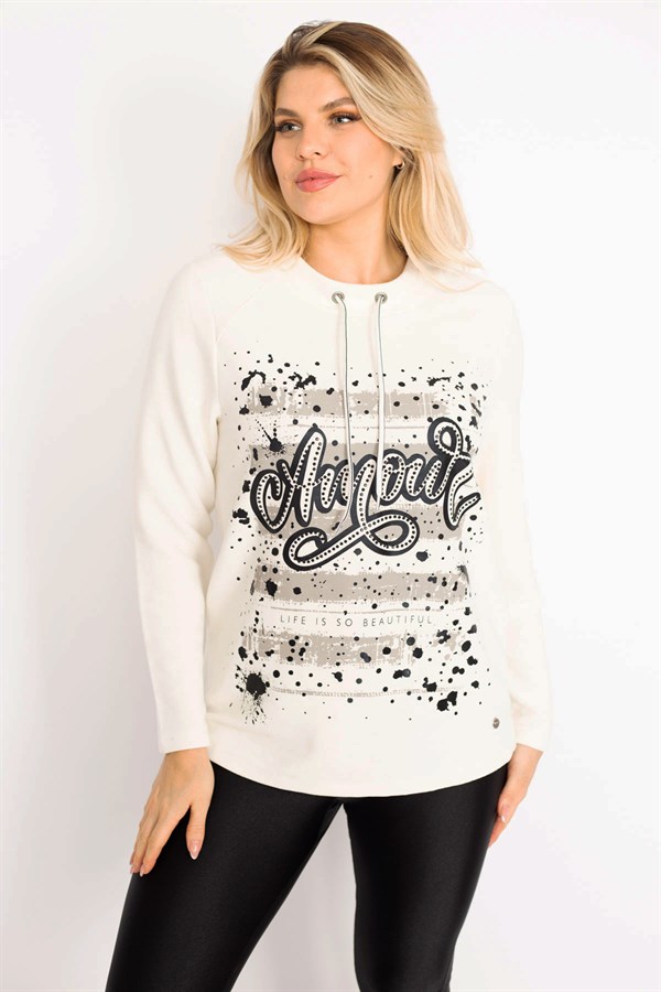 Kadın Kemik Yakası Kuşgözü Bağcıklı Taş Ve Baskı Detaylı Sweatshirt 65N34993