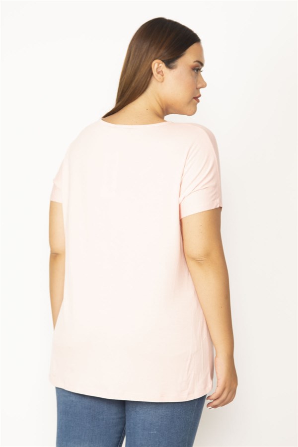 Kadın Pembe Bisiklet Yakalı Arkası Uzun Kısa Kollu Viskpn Bluz 65N27529