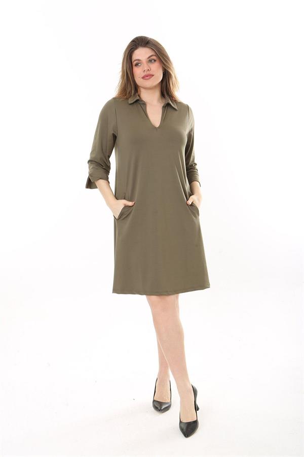 Kadın Büyük Beden Haki V Yakalı Cepli Krep Elbise 65N37658