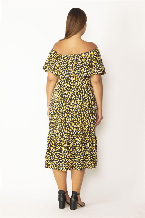 Kadın Kırmızı Yakası Lastik Ve Volan Detaylı Etek Ucu Katlı Dokma Viskon Kumaş Elbise 65N28546