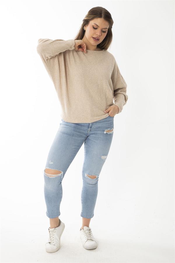 Kadın Büyük Beden Lila Yarasa Kol Kendinden Çizgili Yün Viskon Bluz 65N37007