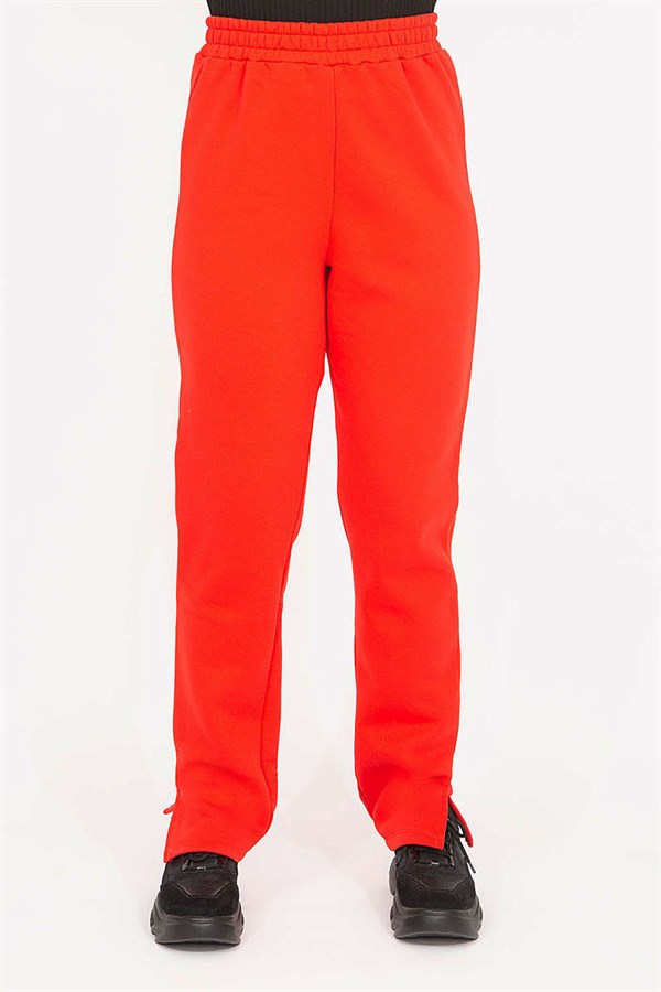 Kadın Kırmızı 3 İplik Polar İçi Şardonlu  Paçası Yırtmaçlı Eşofman Alt 65N35273