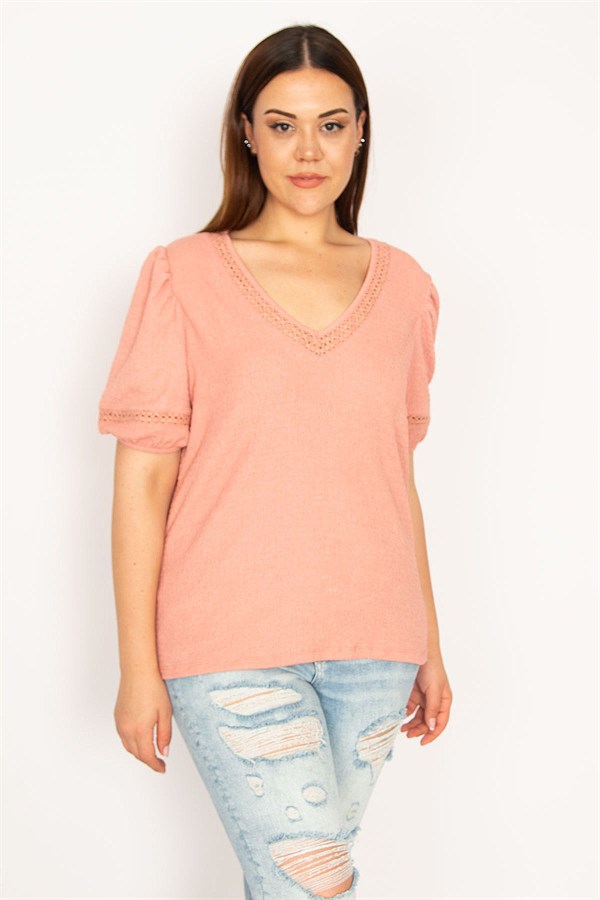 Kadın Gül Kurusu Yaka Ve Kol Ağzı Dantel Detaylı Likralı Gofre Kumaş Bluz 65N33320