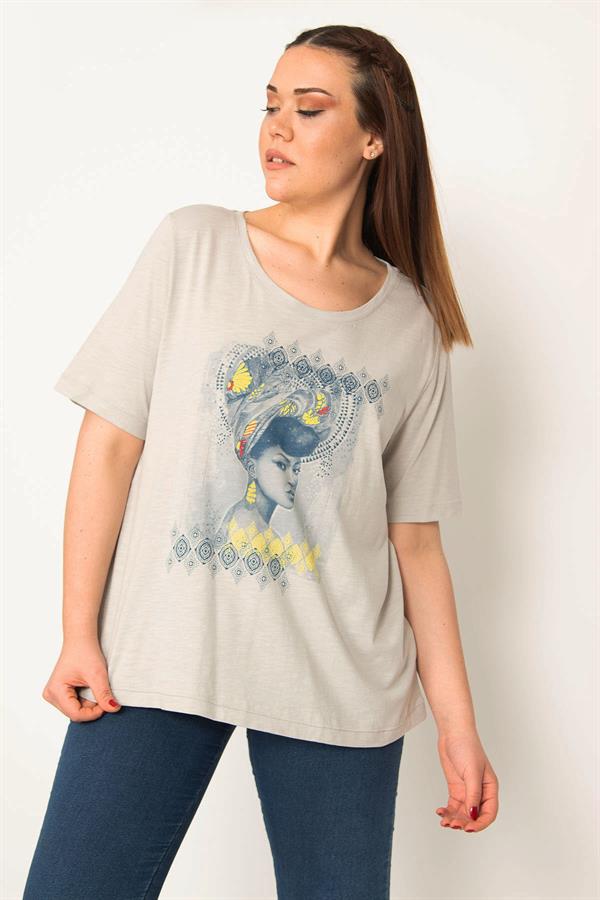 KADIN MİNT PAMUKLU KUMAŞ ÖN BASKILI KISA KOLLU BLUZ