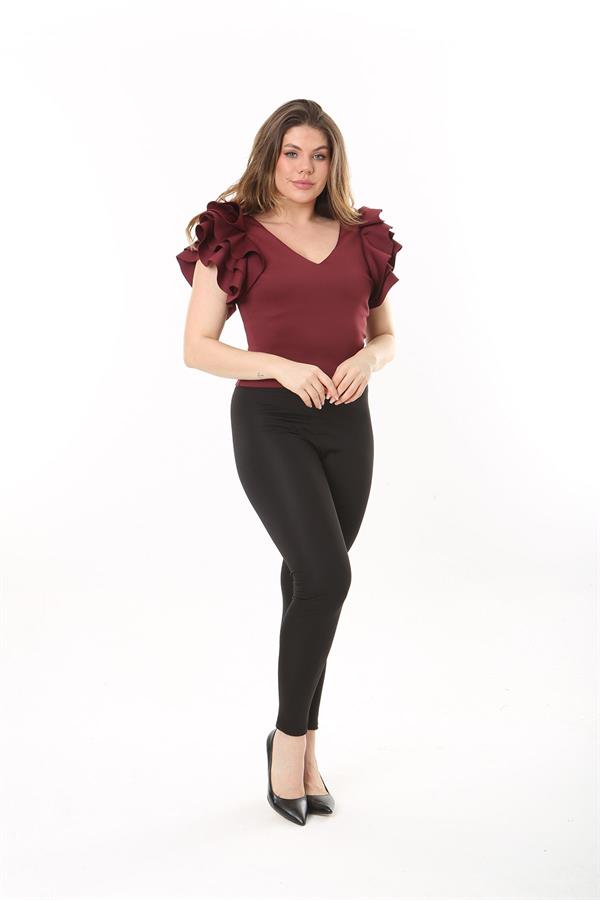 Kadın Büyük Beden Bordo Volan Kollu Arka Gizli Fermuarlı Bluz 65N37533