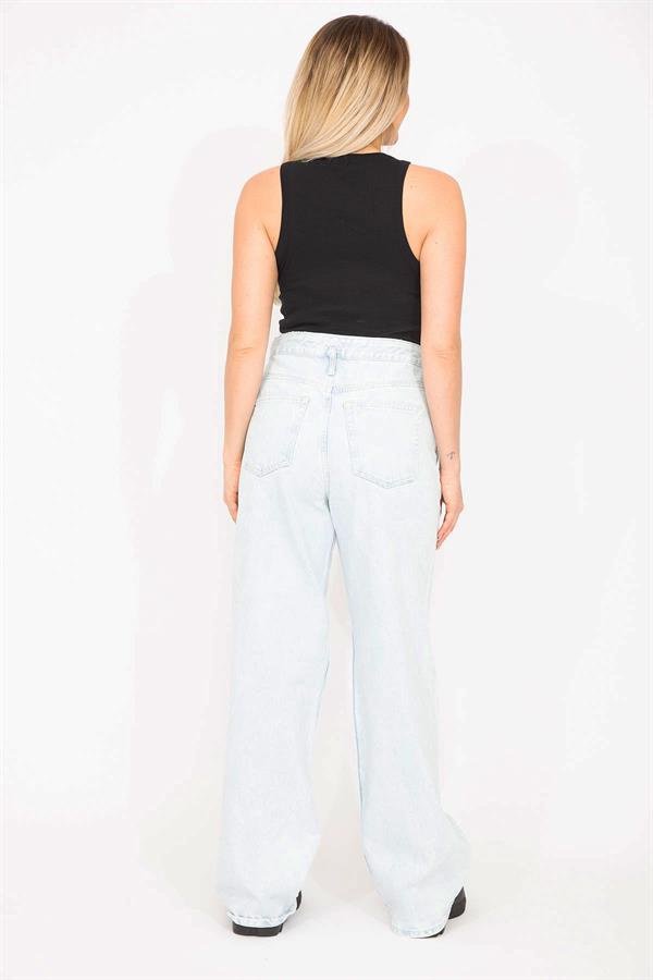 Kadın Büyük Beden Mavi Yıkama Efektli Yırtık Detaylı Yüksek Bel Kot Pantolon 65N36779