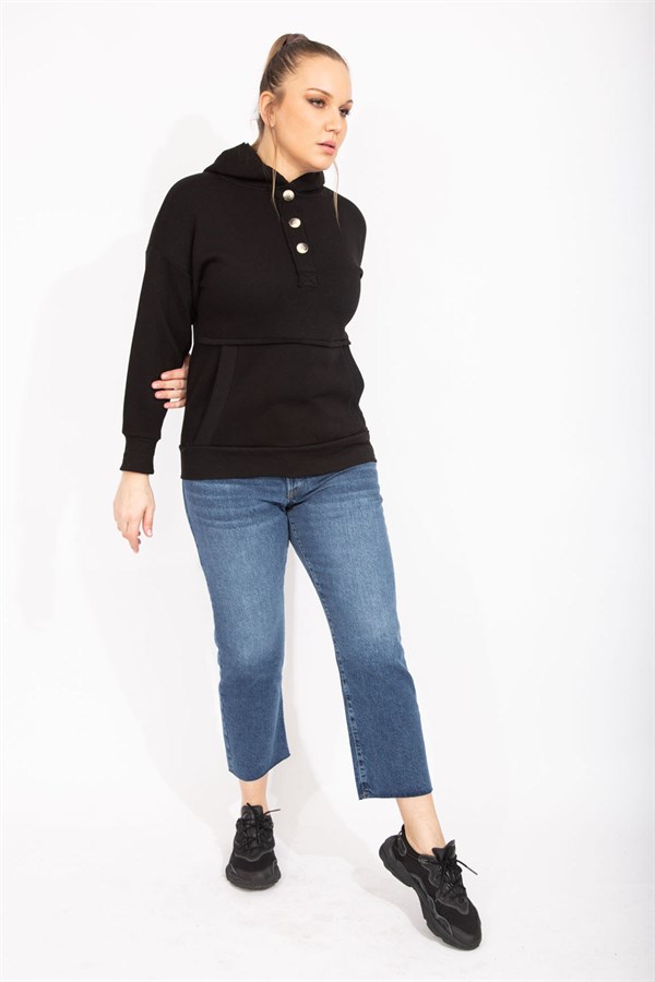 Kadın Siyah İçi Şardonlu 2 İplik Kumaş Ön Pat Düğmeli Kanguru Cep Ve Kapşonlu Sweatshirt 65N35462