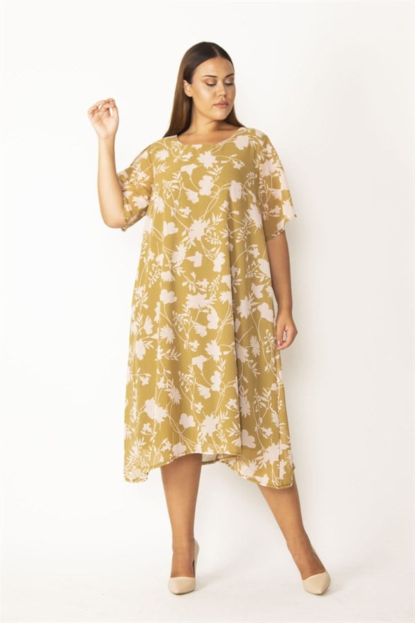 Kadın Haki Astarlı Yırtmaç Kollu Şifon Elbise 65N28127