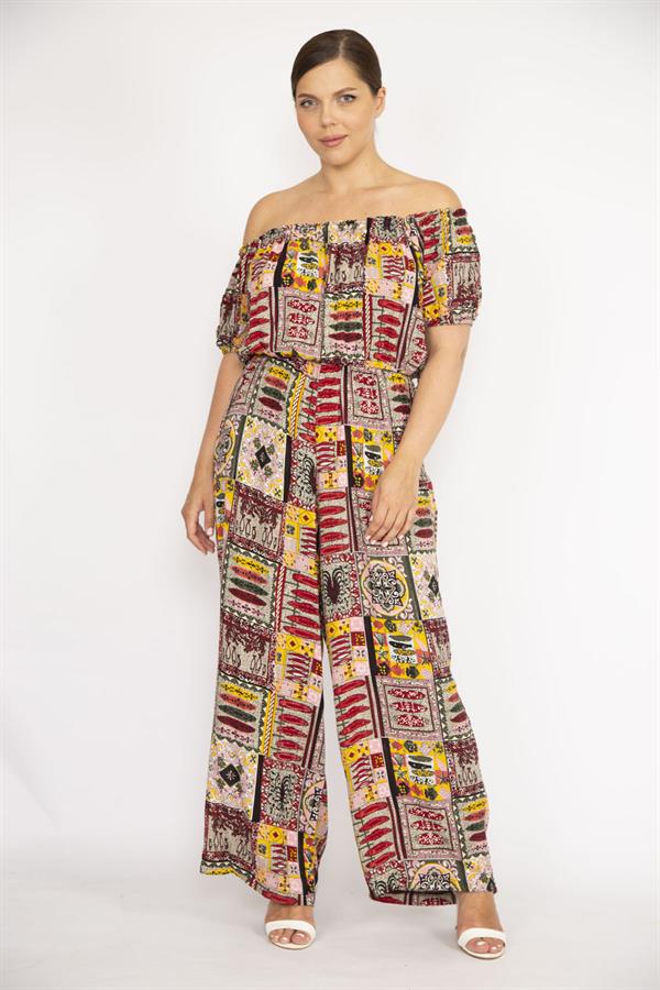 Kadın Bordo Büyük Beden Yaka Beli Lastik Detaylı Dokuma Viskon Kumaş Renkli Tulum