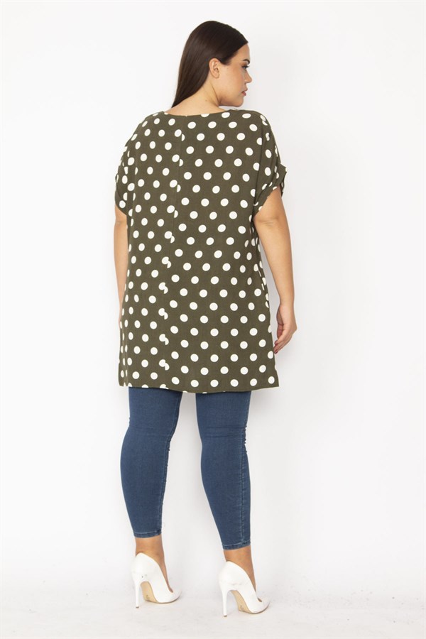 Kadın Haki V Yakalı Duble Kollu Puan Desenli Tunik 65N35337