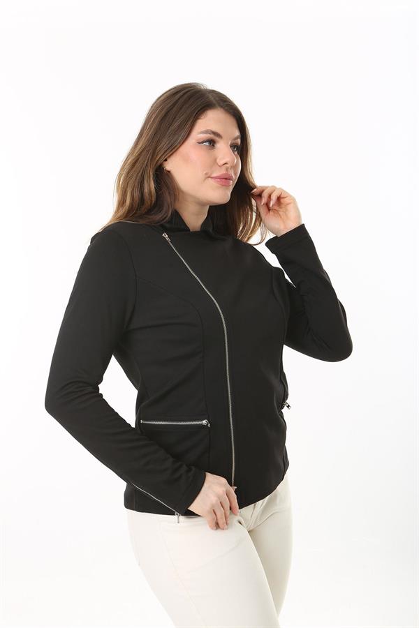 Kadın Büyük Beden Siyah Fermuar Detaylı Astarsız Ceket 65N37540