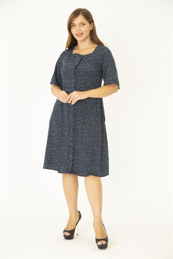 Kadın Büyük Beden Lacivert Dokuma Viskon Kumaş Ön Düğmeli Cepli Elbise 65N36785