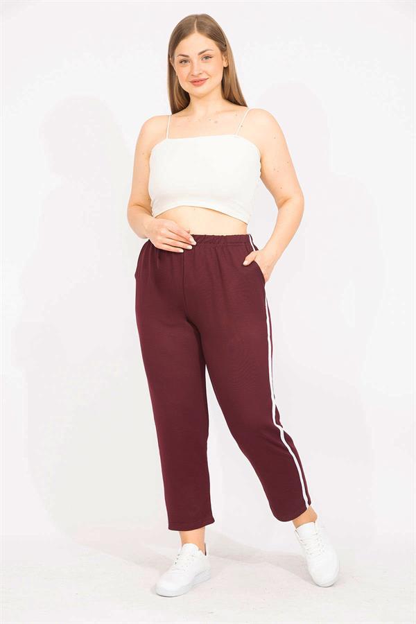 Kadın Bordo Büyük Beden Yan Şeritli Eşofman Alt 65N35626