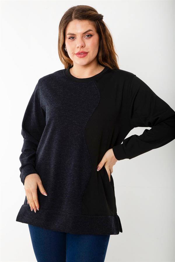Kadın Büyük Beden Hardal Dueble Face Kumaş Renk Kombinli Sweatshirt 65N37124