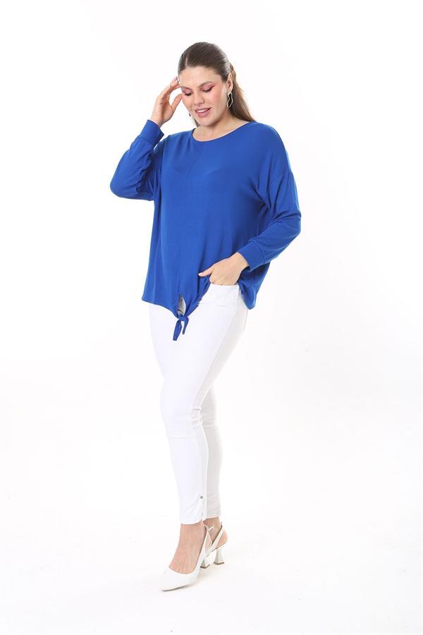 Kadın Büyük Beden Saks Önden Bağlamalı Uzun Kollu Bluz 65N37695