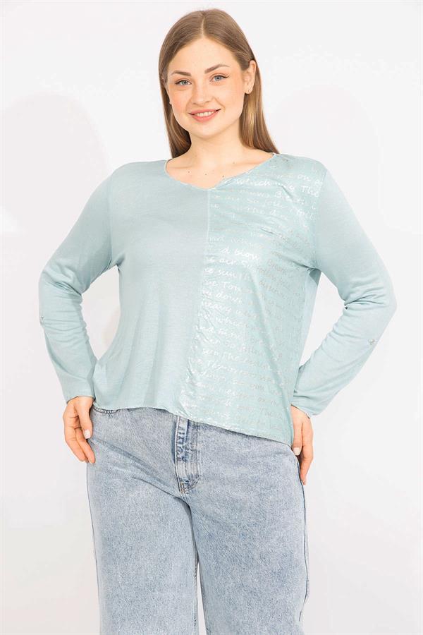 Kadın Yeşil Büyük Beden Sim Ve Baskı Detaylı Bluz 65N35568