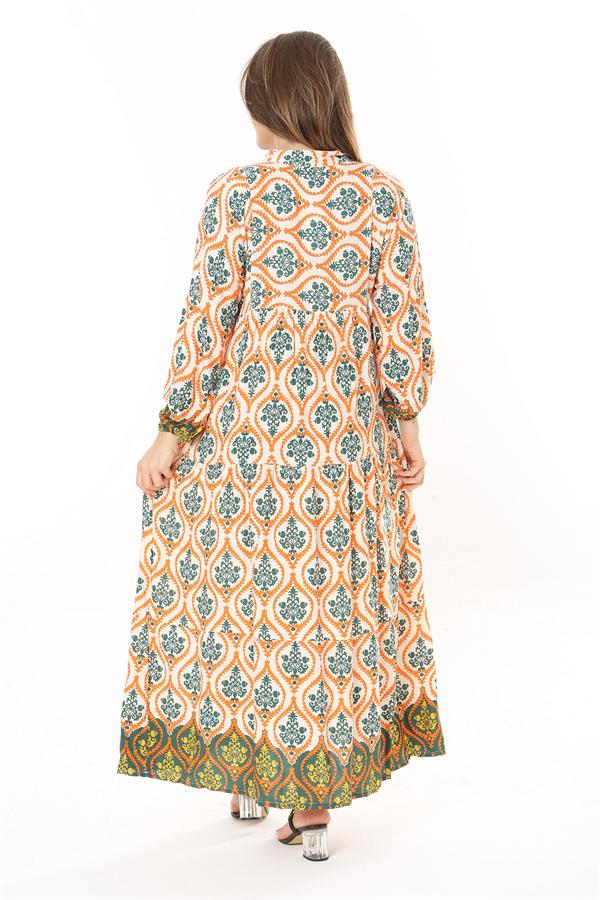 Kadın Büyük Beden Mavi Dokuma Viskon Kumaş Ön Düğmeli Uzun Elbise 65N37860