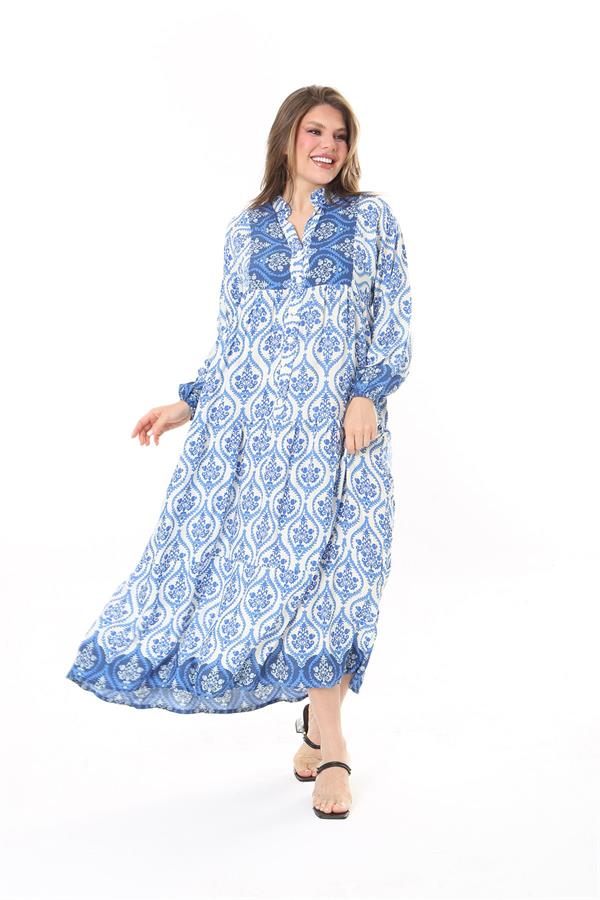 Kadın Büyük Beden Mavi Dokuma Viskon Kumaş Ön Düğmeli Uzun Elbise 65N37860