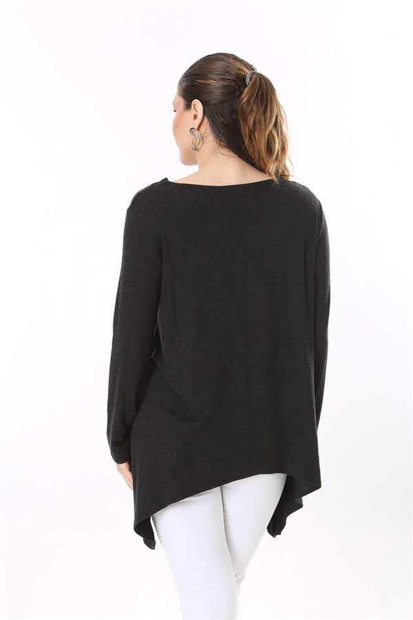 Kadın Büyük Beden Antrasit Yaka Ve Etek Ucu Saten Garnili Uzun Kollu Bluz 65N37686