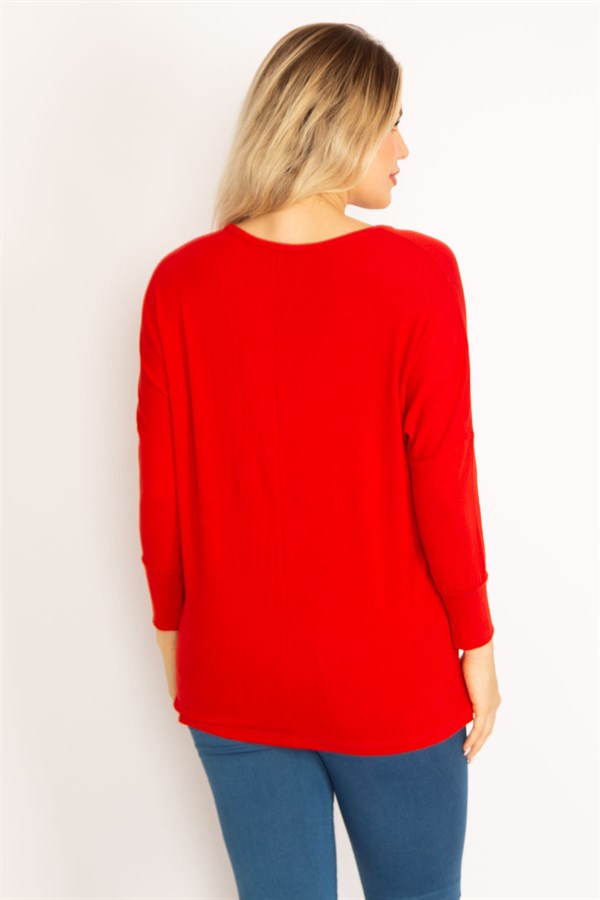 Kadın Kırmızı V Yakalı Yarasa Kol Bluz 65N34684
