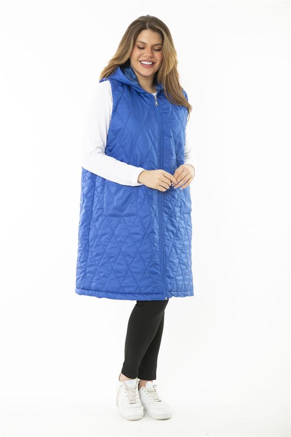 Kadın Büyük Beden Haki Ön Dermuarlı Kapşonlu Kapitone Astarlı Uzun Mont 65N37107