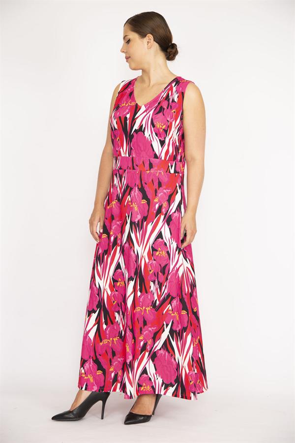 Kadın Büyük Beden Fujya V Yakalı Kolsuz Uzun Elbise