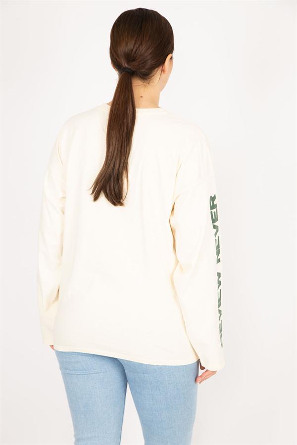 Kadın Bej Büyük Beden Kol Baskılı Sweatshirt